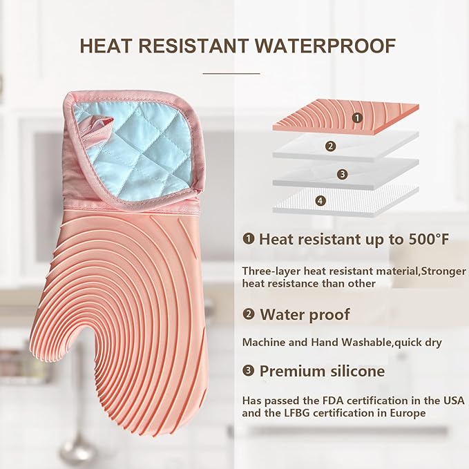 Silicone Oven Mitts-13.6 in Extended Oven Mitts Heat Resistant 500F, Oven Gloves with Soft Liner Good Grippy BPA-Free Easy to Clean Flexible-Oven Mits Set for Cooking Baking Grilling BBQ