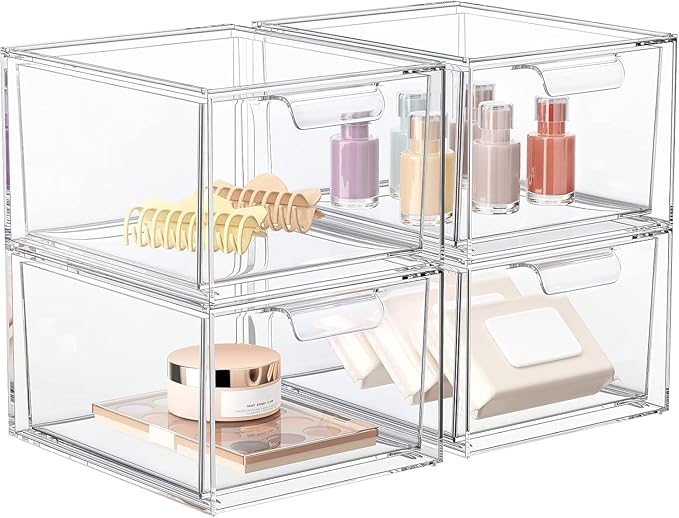 SpaceHacks 4 Pack Stackable Makeup Organizer and Storage, Acrylic Organizers，Clear Plastic Storage Drawer with Handles for Vanity, Undersink, Kitchen Cabinets, Pantry