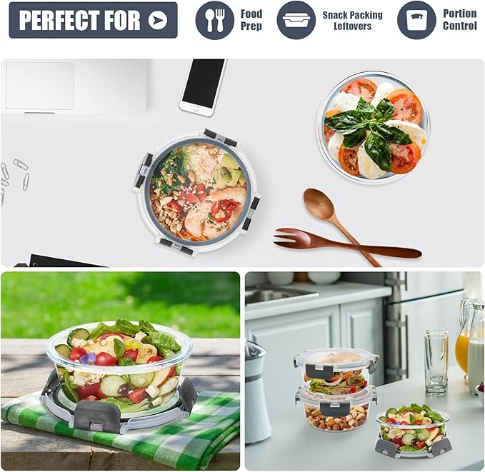 6 Pack Glass Food Storage Containers with Lids, Ideal for Meal Prep, Leftovers, Freezer to Microwave Safe (Grey, 21oz)