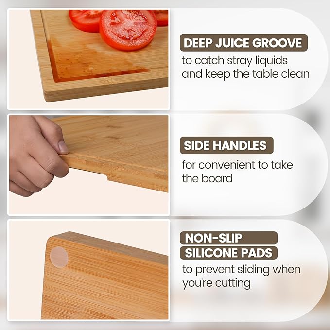 Kikcoin Bamboo Cutting Boards for Kitchen, 3XLarge Wood Cutting Board with Rotating Kickstand & Juice Groove, Wooden Chopping Board for Meats Veges Fruits, Heavy Duty Serving Tray, 24 x 18 inch