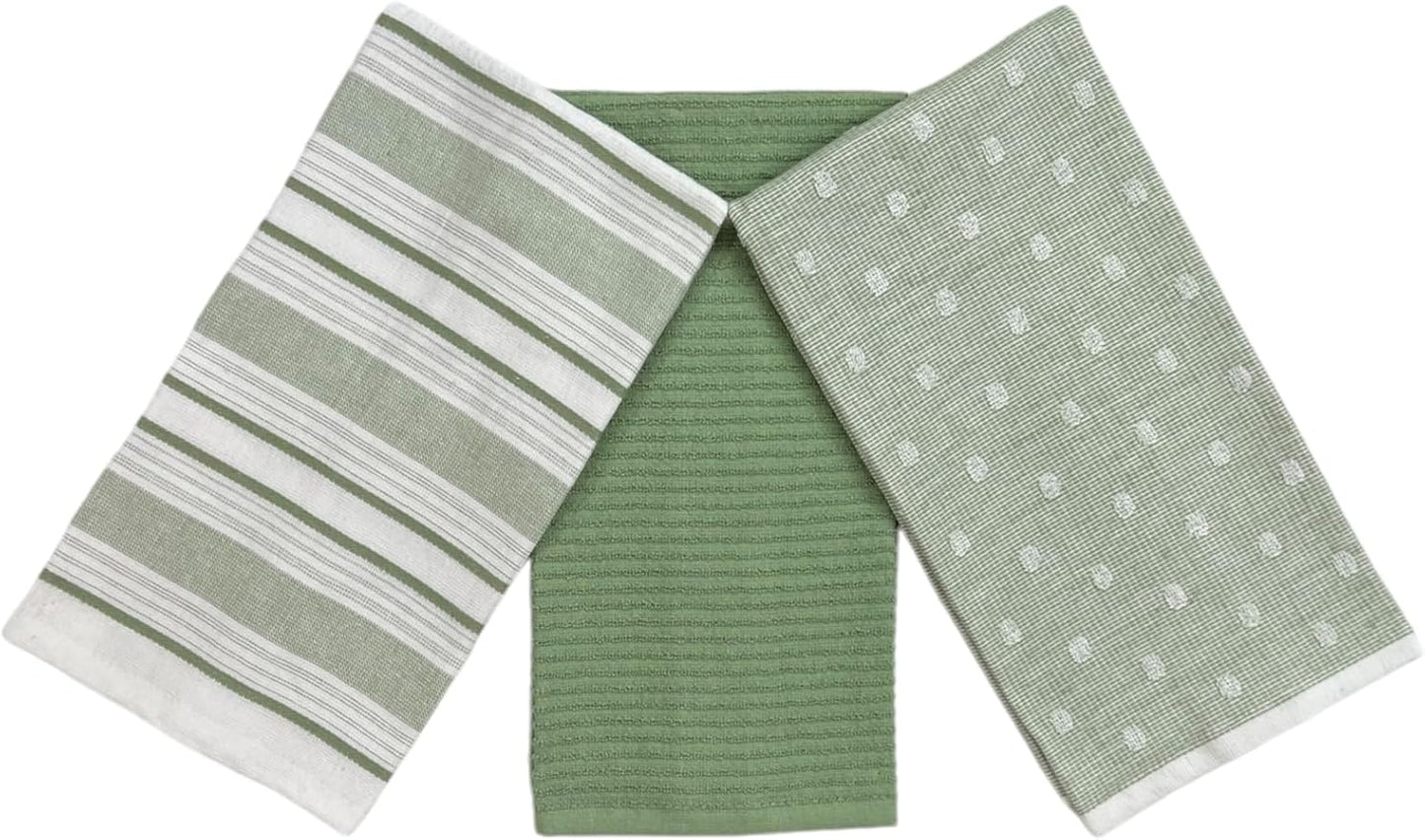 Sage Green White Kitchen Hand Dish Towels: Oversized 28" x 16",100% Cotton Cloth Soft Cleaning Drying Absorbent Striped Solid Polka Dot Design, Set of 3 Multipurpose for Everyday Use (Green Austin)