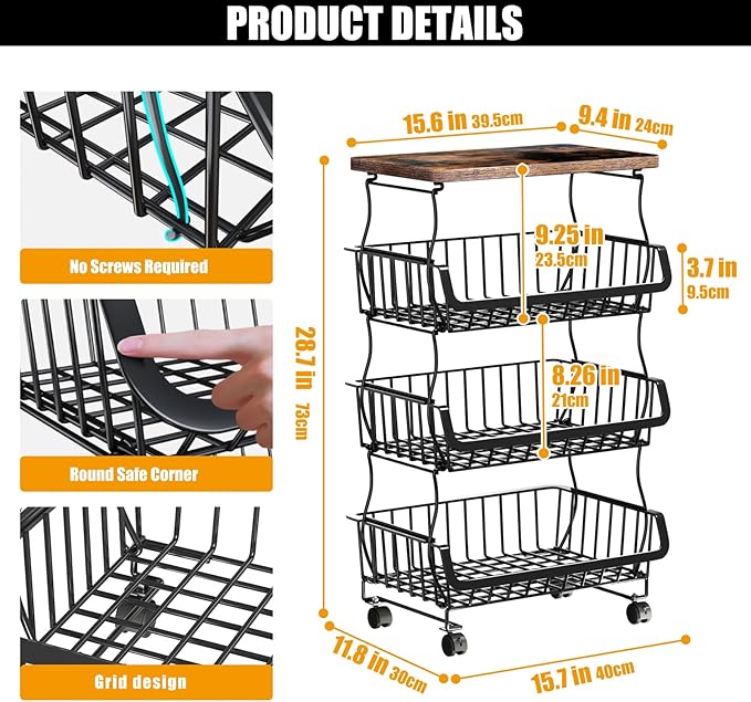 Gsiekare Fruit Vegetable Basket for Kitchen, 4 Tier Stackable Fruit Vegetable Storage Baskets with Wheels, Metal Wire Storage Basket Organizer Baskets for Kitchen, Pantry, Bathroom