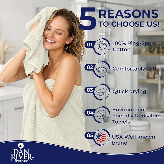 DAN RIVER 8 PC Luxury Bath Towels for Bathroom, 2 Bath, 2 Hand, and 4 Wash Cloths, 600 GSM 100% Ring Spun Cotton Towel Set, Highly Absorbent, Gym, Hotel, and Spa, Ivory