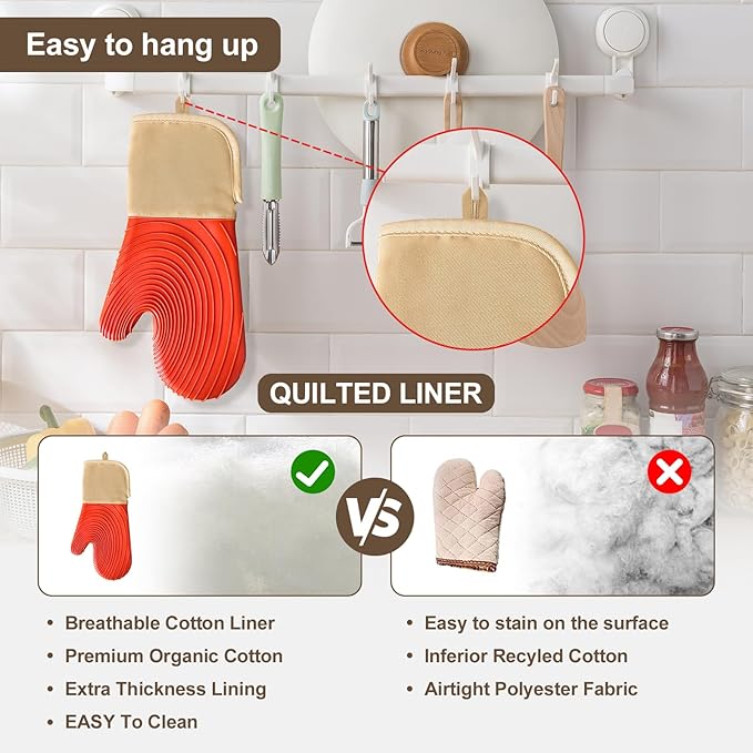 Silicone Oven Mitts-13.6 in Extended Oven Mitts Heat Resistant 500F, Oven Gloves with Soft Liner Good Grippy BPA-Free Easy to Clean Flexible-Oven Mits Set for Cooking Baking Grilling BBQ