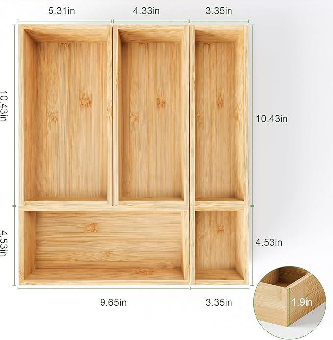 Bamboo Drawer Organizer Boxes, 5 PCS Junk Drawer Organizer, Wooden Storage Trays for Kitchen, Bathroom, Office, Makeup