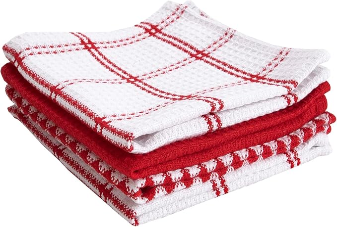 T-Fal Premium Waffle Dish Cloths: Highly Absorbent, Super Soft Long Lasting - 100% Cotton, 12"x13" Towel for Cleaning & Drying, (4-Pack), Red