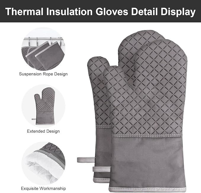Oven Mitts and Pot Holders 8pcs Set, Cotton Oven Glove with Non-Slip Silicone Surface, Machine Washable Pot Holders, Extra Long Oven mits, Heat Resistant 500 °F, for Cooking, Grilling, Baking