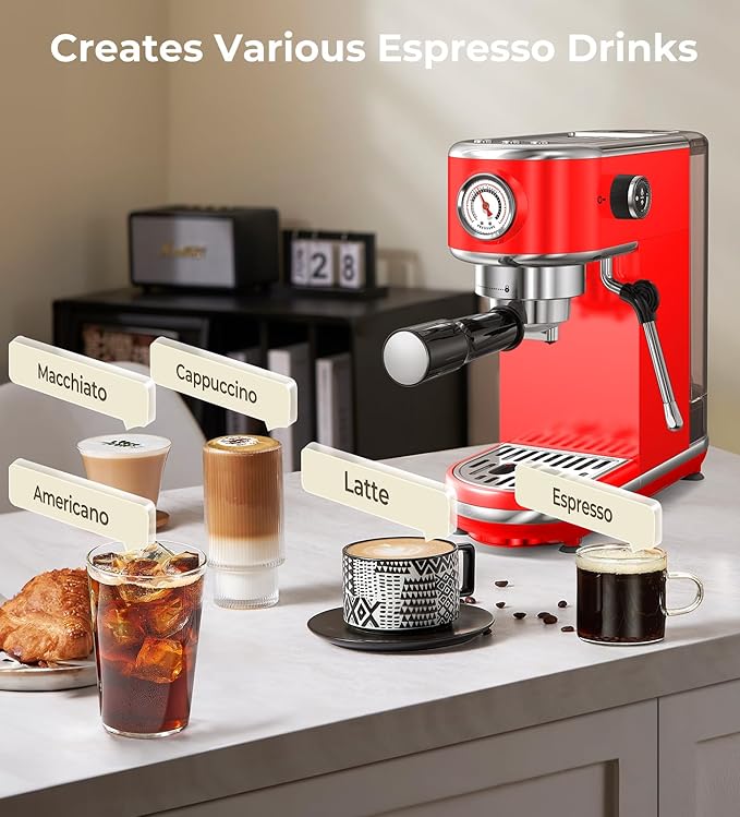 atatix 20 Bar Espresso Machine with Milk Frother, Compact Espresso Maker, Stainless Steel Coffee Machine with Precise Temp Control & 44oz Removable Water Tank for Latte, Cappuccino, Red