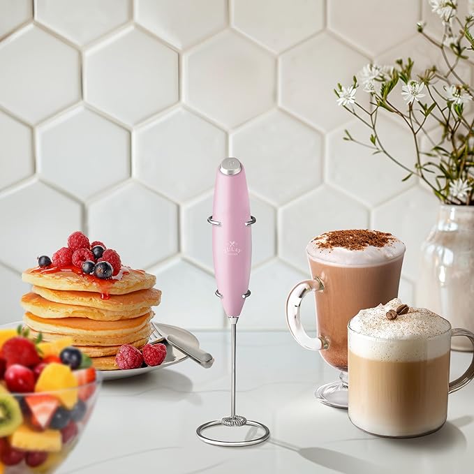 Zulay Kitchen Powerful Milk Frother Wand - Ultra Fast Handheld Drink Mixer - Electric Whisk Foam Maker for Coffee, Lattes, Cappuccino, Matcha & Creamer - Innocent Pink