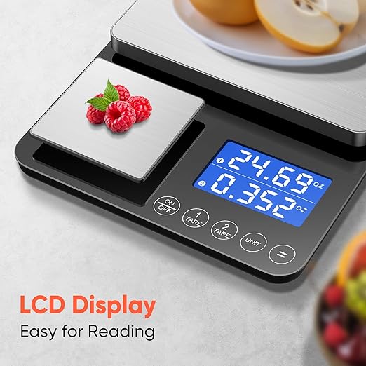 KUAIVO Dual Platform Digital Kitchen Scale, 33lb/15kg & 0.001oz/0.01g Precision, Two Scales in One, Coffee & Food Scale, Dual Display, Stainless Steel, Tare, g/oz/lb/ml