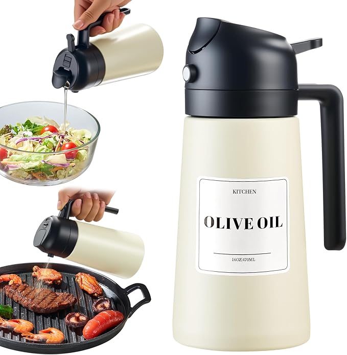 Baalaka Oil Sprayer for Cooking, Olive Oil Dispenser Bottle for Kitchen, 2 in 1 oil dispenser and oil sprayer, Stainless Steel Oil Bottles for Kitchen, Air Fryer BBQ Salad Baking (Black 16oz/470 ml)