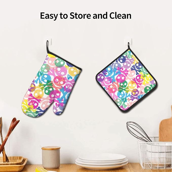 Colorful Skulls Oven Mitts and Pot Holders Heat Resistant Oven Mitts Safe for Baking Cooking BBQ