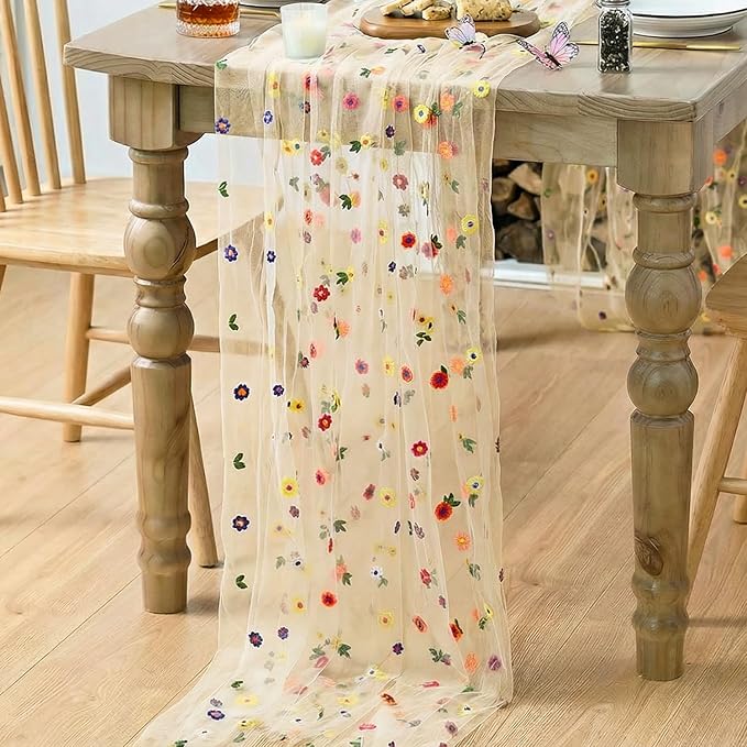 Artoid Mode Champagne Embroidery Daisy Spring Gauze Table Runner 59x120 Inch 10FT, Seasonal Sheer Kitchen Dining Holiday Wedding Birthday Table Decor for Home Party