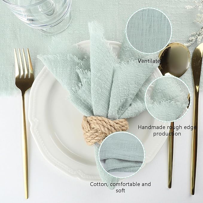 Cotton Blend Fringe Cloth Napkins - Crinkle Gauze Dinner Napkins, Reusable & Washable Table Napkins, 17" x 17" (43 x 43 cm), Multiple Colors, 12/24/48/100 Pack (12, Sage Green)
