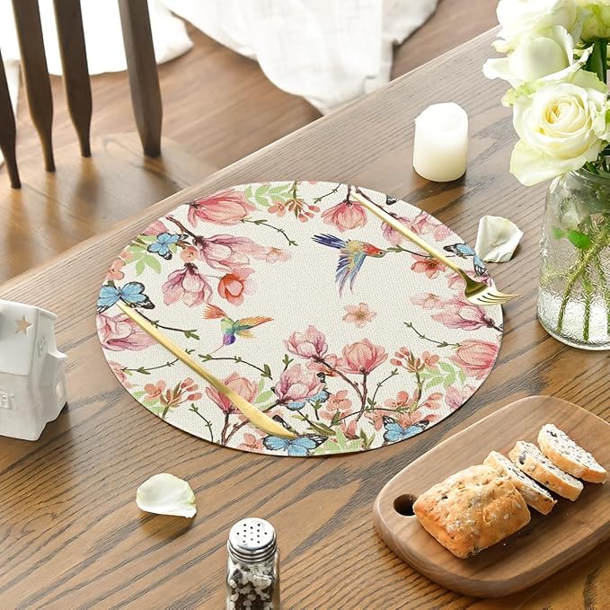 Artoid Mode Flowers Bird Butterfly Spring Round Placemats Set of 4, 14 Inch Summer Round Table Mats for Dining Decoration
