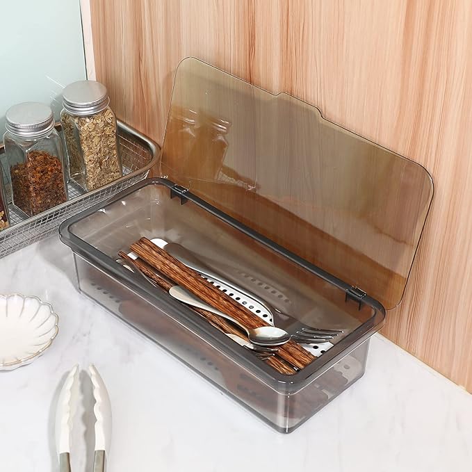 Cabilock Utensil Tray with Lid and Drain Rack, Dust-Proof Chopsticks Storage Boxes, Tableware Organizer Kitchen Cutlery Container Holder for Drawer, Table, Countertops, Cabinets