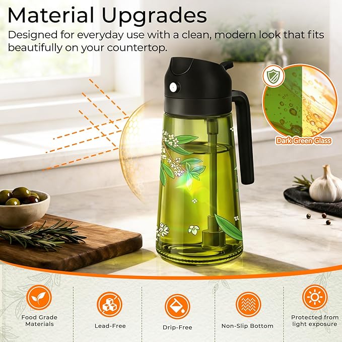 COOLMI Oil Sprayer for Cooking, 2 in 1 Olive Oil Dispenser Bottle Set for Kitchen, Food-Grade Glass Green Oil Vinegar Bottle Container - 16OZ/470ML Set of 2 (Black)