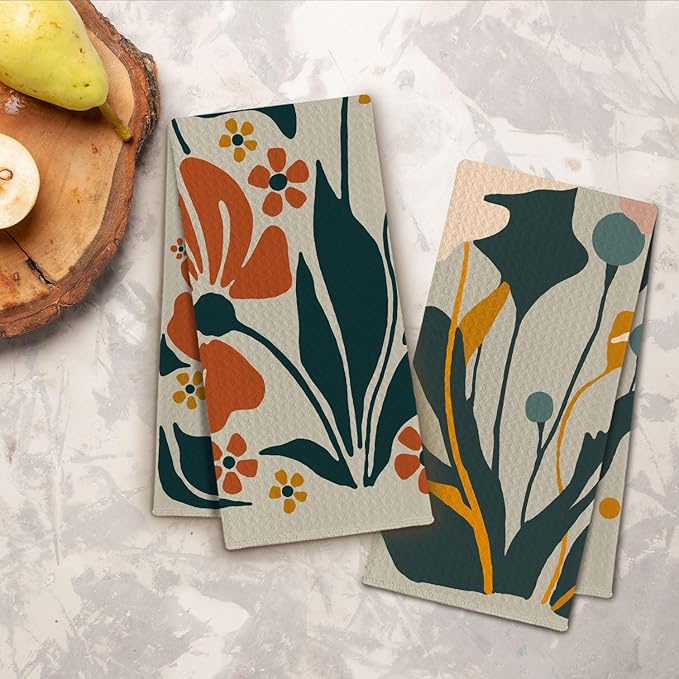 Abstract Boho Floral Kitchen Towels, Retro Wildflower Dish Towels Drying Cloth for Kitchen, Mid Century Modern Boho Decorative Hand Towels for Bathroom, 16x24 Inch Set of 2