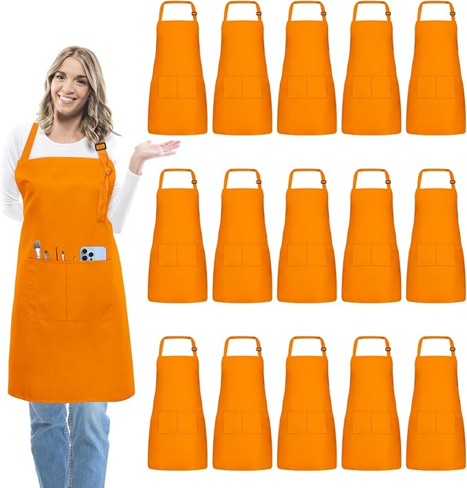 15 Pcs Adult Aprons Bulk with Pockets Adjustable Bib Chef Apron for Women Men Painting Cooking Crafting (S/L)