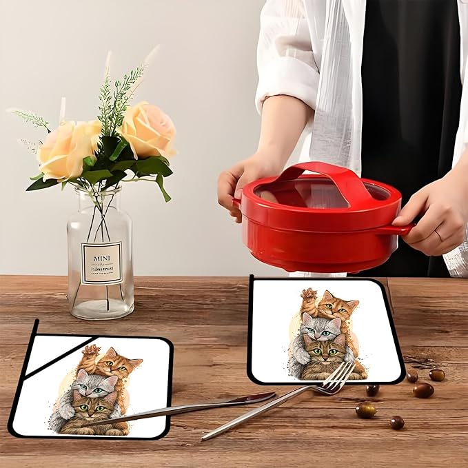 Three Cute Cats Pot Holders Set of 2,Kitchen Heat Resistant Potholders for Microwave Cooking Baking Oven and BBQ Gifts for Women