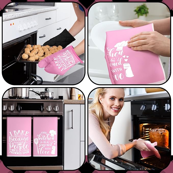 Sratte 6 Pcs Kitchen Decor Accessories Set Farmhouse Towels Pot Holders Oven Mitts Set 2 Dish Towels 2 Potholders 2 Cooking Mittens Oven Glove for Baking Cooking(Light Pink,Kitchen)