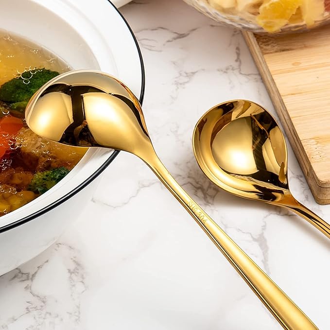 Comicfs 2 Pack Gold Gravy Ladle, SUS 304 Stainless Steel Soup Ladle, Small Soup Ladle, Sauce Ladles, Small Serving Ladles for Stirring, Mirror finished Soup Spoon and Dishwasher Safe 8-Inch (Gold)