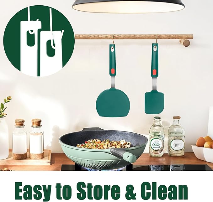 2Pcs Silicone Spatula Turner,Wide Pancake Spatulas utensils set for cooking,Heat Resistant Non-Stick Kitchen Use s for Flipping Pancakes, Omelettes, Fish,Dishwasher Safe.(Green)