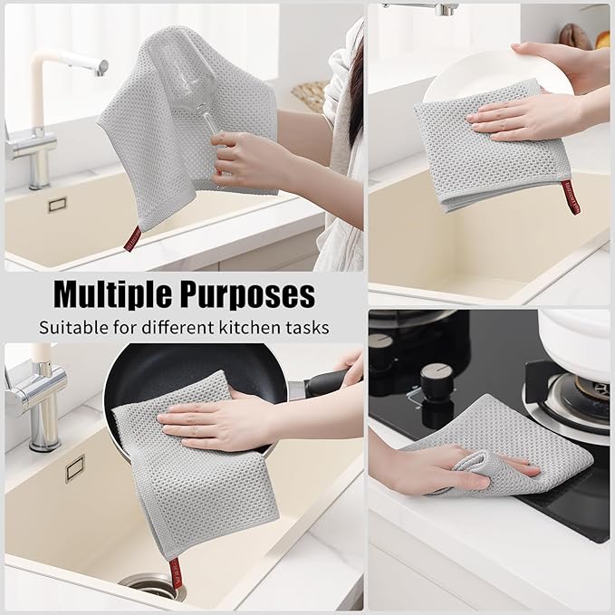 Kitinjoy 100% Cotton Kitchen Towels and Dishcloths Set, 12 Pack-13" x 28" and 12" x 12" Waffle Weave Dish Towels, Ultra Soft Absorbent Quick Drying Dish Rags, Light Grey
