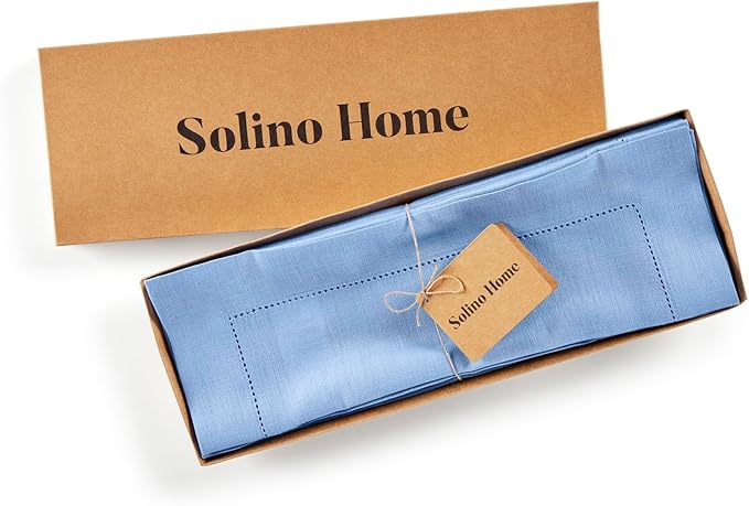Solino Home Linen Cloth Placemats Set of 4-100% Pure Linen Hemstitch Cornflower Blue Placemats 14 x 19 Inch - Classic Hemstitch Table Place Mats for Spring, Summer, Mothers Day