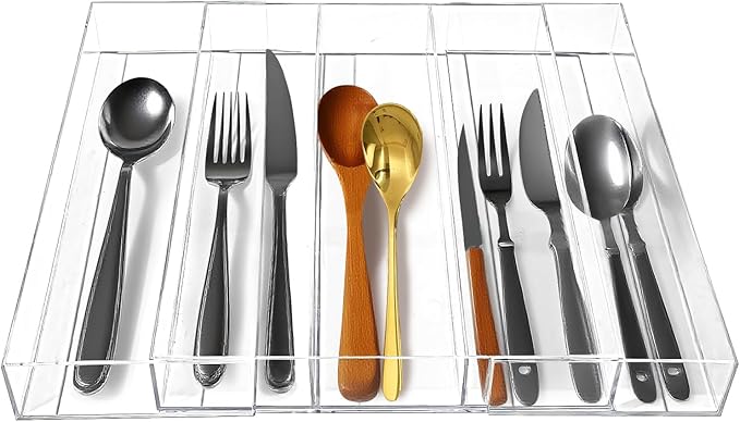 Acrylic Drawer Organizer for Cooking Utensils - Expandable Kitchen Storage for Large Utensils, Adjustable Drawer Dividers (Clear)