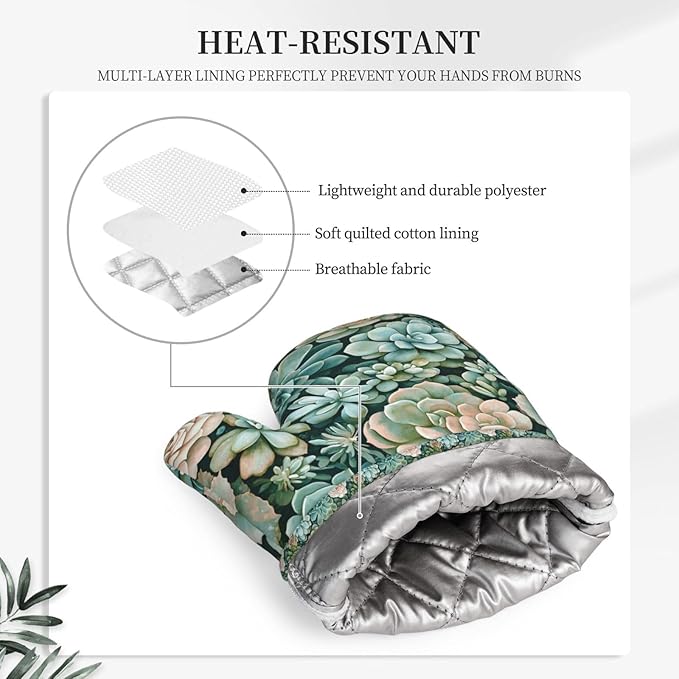 Succulents Silicone Oven Mitts Set of 2, Heat Resistant up to 500°F, Kitchen Oven Gloves with Non-Slip Grip and Soft Cotton Lining for Baking, Cooking and BBQ