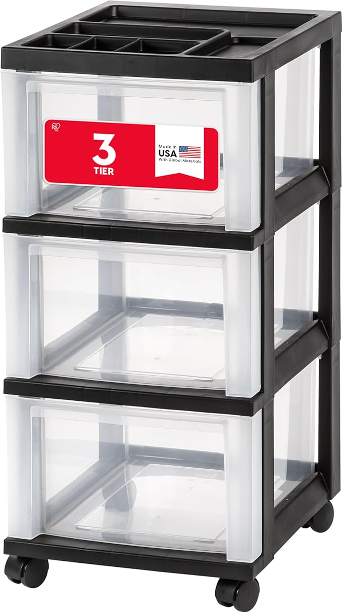 IRIS USA Plastic Drawer Storage Organizer Rolling Cart, with Wheels Casters, 3-Drawers, for Classroom Art Craft Supplies Dresser Closet Bathroom Laundry Room, Black/Clear