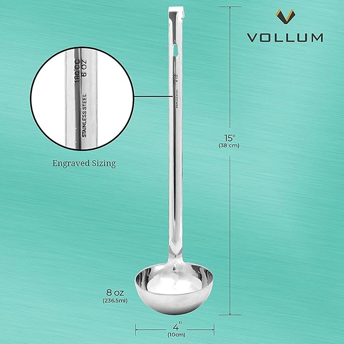Vollum 1-Piece Ladle Heavy Duty Thick Stainless Steel - 8 Ounce (3.9" Bowl Diameter, 15.1" Handle Length)