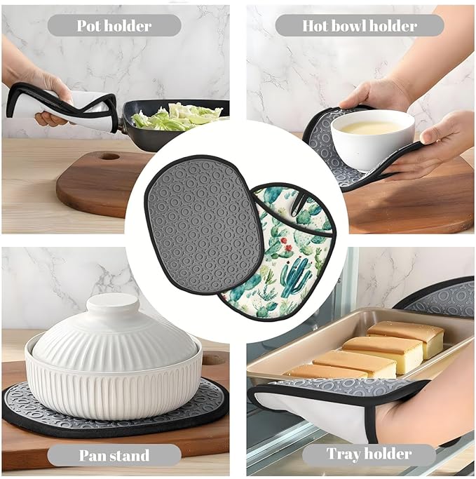 Cactus Silicone Pot Holders Set of 2, Heat Resistant up to 500°F, Non-Slip Kitchen Hot Pads with Pocket and Soft Quilted Cotton Lining for Baking, Cooking and Hot Pots