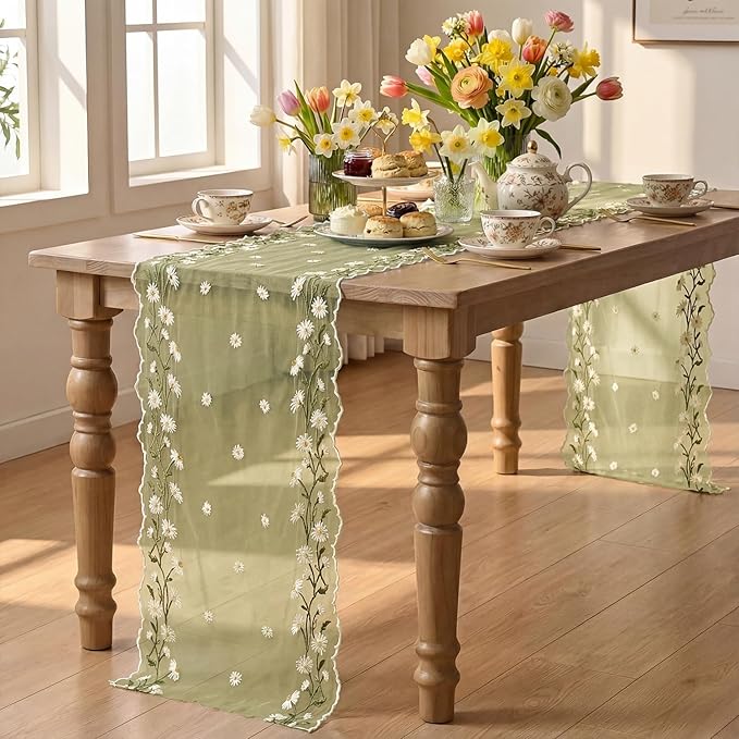 Artoid Mode Daisy Floral Fern Green Shaped Gauze Embroidery Table Runner 120 Inch 10FT, Tulle Spring Summer Kitchen Dining Table Decor for Home Party