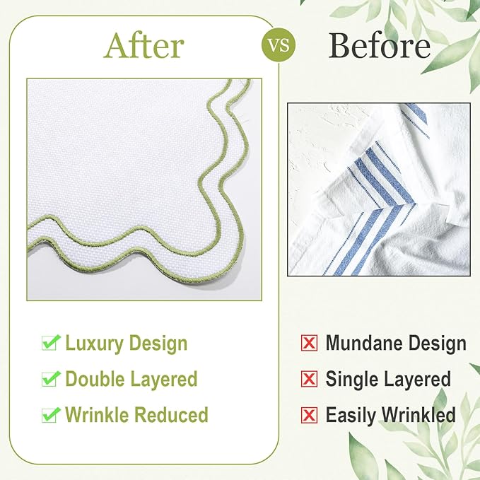 HunnmingRe Set of 6 Cotton Linen Placemats, 13x19 Inch Scalloped Wavy Embroidery Placemat Double Layered Washable Rustic Rectangle Dinner Table Mats for Wedding Home Decor(White with Green)