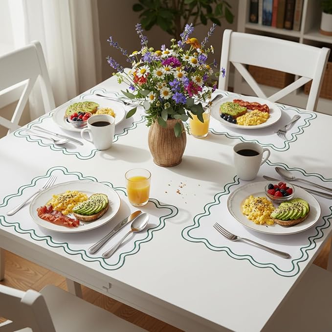 HunnmingRe Set of 6 Cotton Linen Placemats, 13x19 Inch Scalloped Wavy Embroidery Placemat Double Layered Washable Rustic Rectangle Dinner Table Mats for Wedding Home Decor(White with Dark Green)