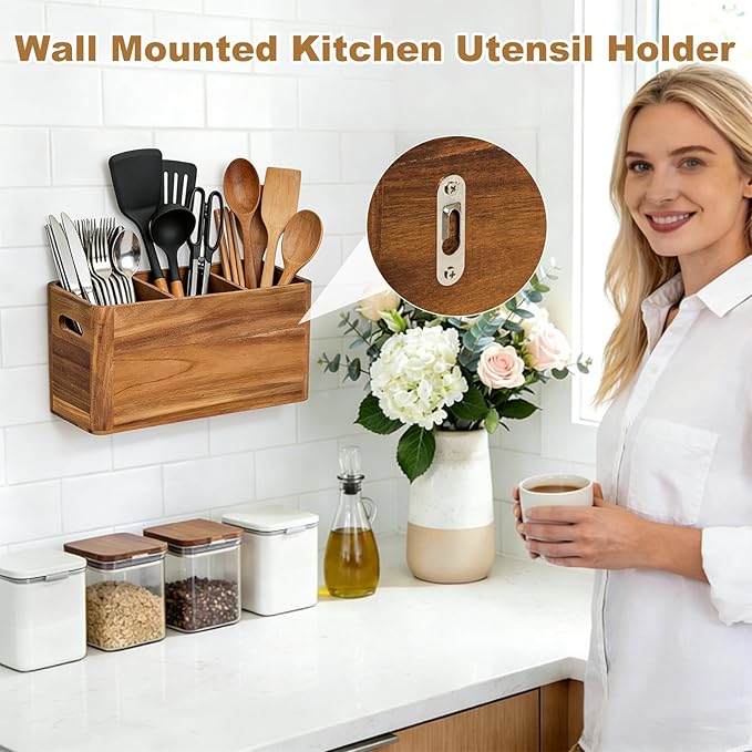 Utensil Holder, Kitchen Utensil Holder, Acacia Wooden Utensil Holder, Kitchen Utensil Holder for Countertop, Large Utensil Holder for Storage Cooking Tools and Silverware with 3 Compartments