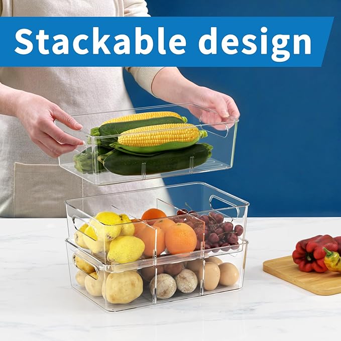 Pantry Organizers and Storage, 8 Pack Snack Organizer for Pantry Shelf,Food Storage Bins with Divider,Clear Containers for Organizing,Transparent Plastic Basket,Refrigerator and Fridge Bins