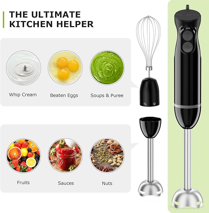 Bonsenkitchen Immersion Blender Handheld, 2 Mixing Speed Hand Blender Electric with Sharp Blades, 3-In-1 Hand Held Stick Blender with Egg Whisk, 24oz Beaker for Soups, Smoothies, Sauce