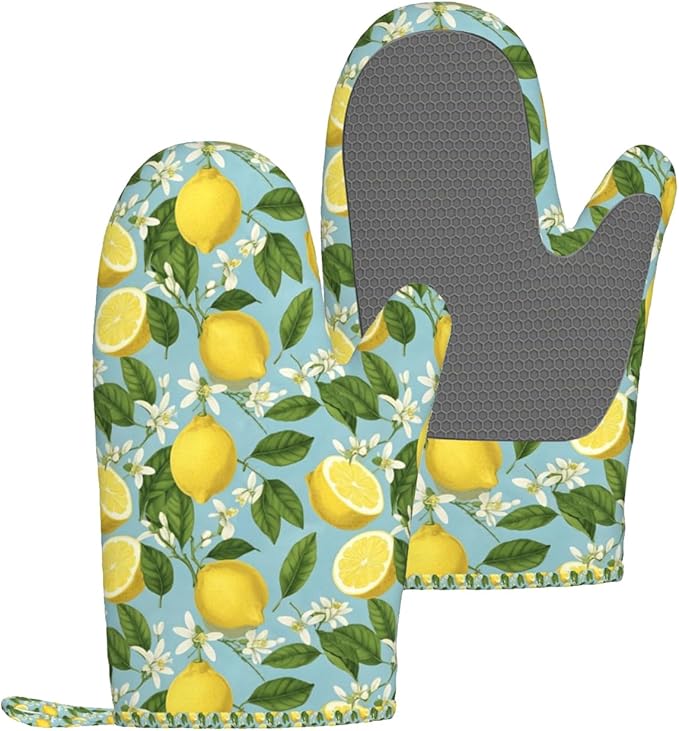 Lemon Silicone Oven Mitts Set of 2, Heat Resistant up to 500°F, Kitchen Oven Gloves with Non-Slip Grip and Soft Cotton Lining for Baking, Cooking and BBQ