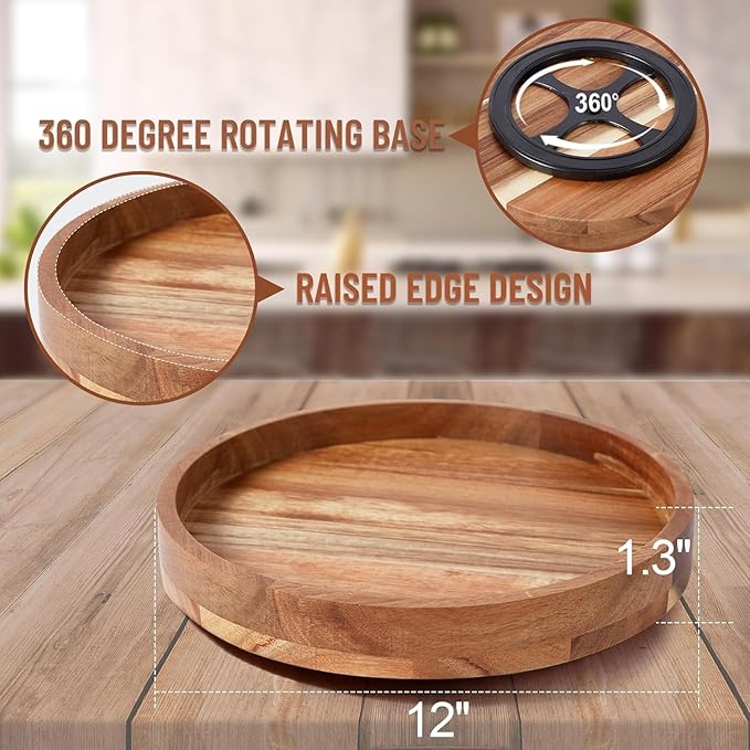 [ 2 Pack ] 12 Inch Acacia Wood Lazy Susan Organizer for Cabinet, Lazy Susan Turntable for Countertop Table Pantry, Kitchen Turntable Storege Container