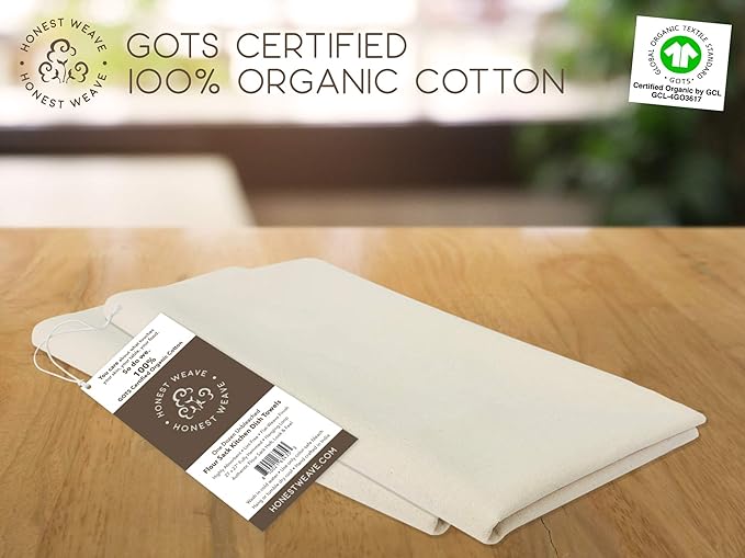 HONEST WEAVE GOTS Certified 100% Organic Flour Sack Cotton Kitchen Hand and Dish Towel Sets - Extra Large 27x27 inches, Fully Hemmed, 12-Pack, Natural Tan