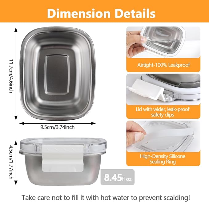 5 Pack Stainless Steel Reusable Snack Containers with Lids - 8.45 oz Small Metal Snack & Lunch Food Boxes, Shatterproof Leakproof Freezer Safe Meal Prep Containers for Portioning Snacks, Dips