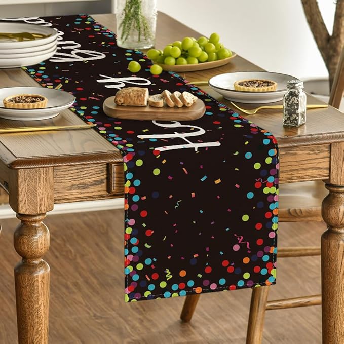 Artoid Mode Polka Dot Black Happy Birthday Table Runner, Seasonal Halloween Kitchen Dining Table Decoration for Home Party Decor 13x90 Inch