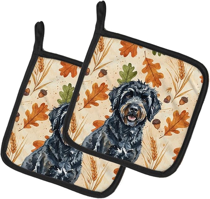 Caroline's Treasures Black Portuguese Water Dog Heirloom Fall Pair of Pot Holders Pair 7.5x7.5 Quilted Insulated Hot Pads Decorative Kitchen Gift Made in USA