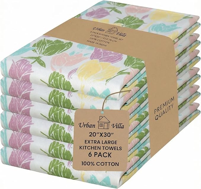 Urban Villa Collection Kitchen Towels Tulip Flowers Multi Color Premium Quality,100% Cotton Dish Towels, Mitered Corners,(Size: 20X30 Inch), Highly Absorbent Bar &Tea Towels - (Set of 6)