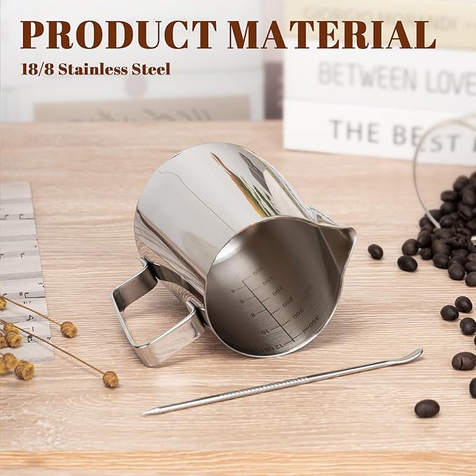 Amrules Milk Frothing Pitcher, 12oz Milk Frother Cup with Clear Scale, 304 Stainless Steel Cappuccino Espresso Machine Accessories for Barista Coffee Bar with Latte Art Pen, Silver