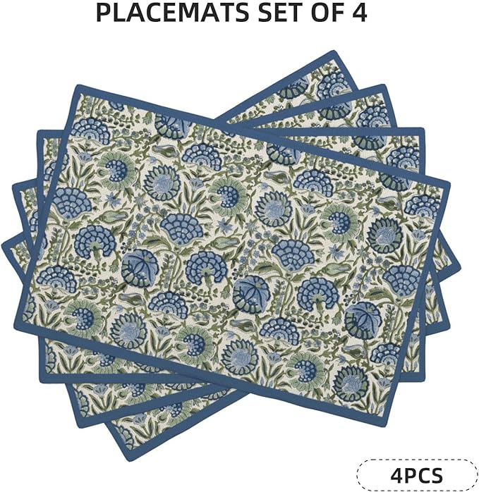 Navy Blue Boho Placemats Set of 4 Sage Green Vintage Floral Decor Place Mats 12x18 Inch Flower Spring Summer Seasonal Decorative Linen Table Mats for Home Kitchen Dining Party Table Decoration