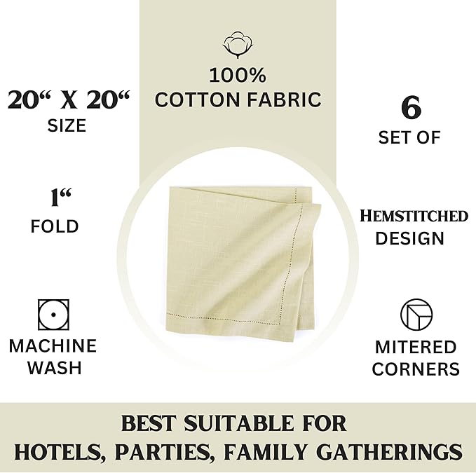 FINGERCRAFT Cloth Napkins, Hemstitched Napkins Cloth, 20 x 20 Inch Generous Picot Hem and Mitered Corner, Everyday Use Premium Quality Perfect for Parties Dinners Weddings Cocktail Set of 6 Beige